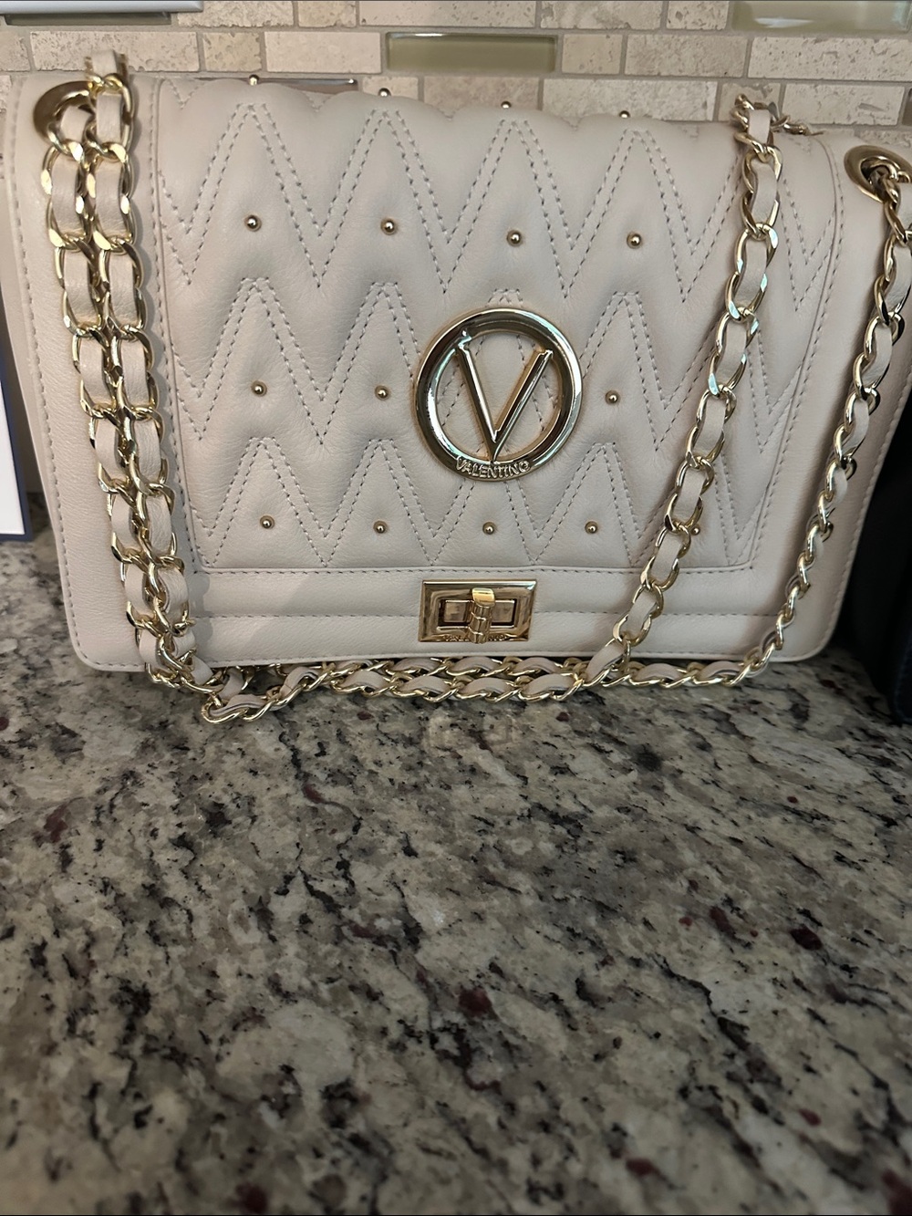 Valentino Cream Quilted V Logo Chain Crossbody Bag